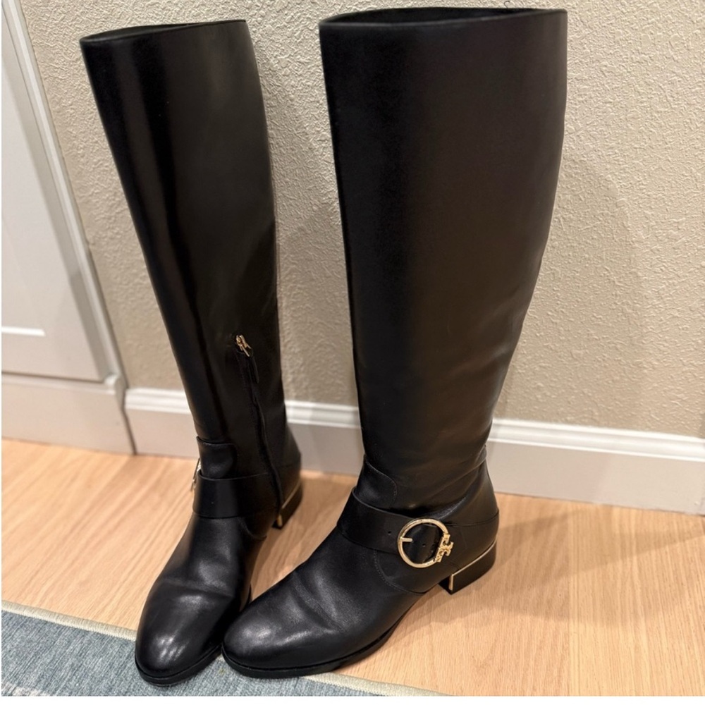 Tory Burch Black Leather Knee-High Heeled Boots with Gold Buckle